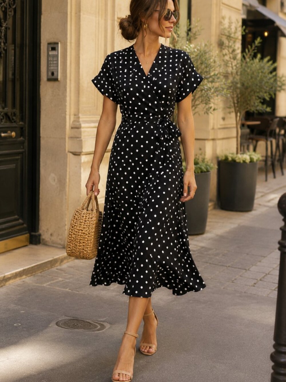 NWT - WDNY Black & White Polka Dot Faux Wrap Midi Dress - Size XS